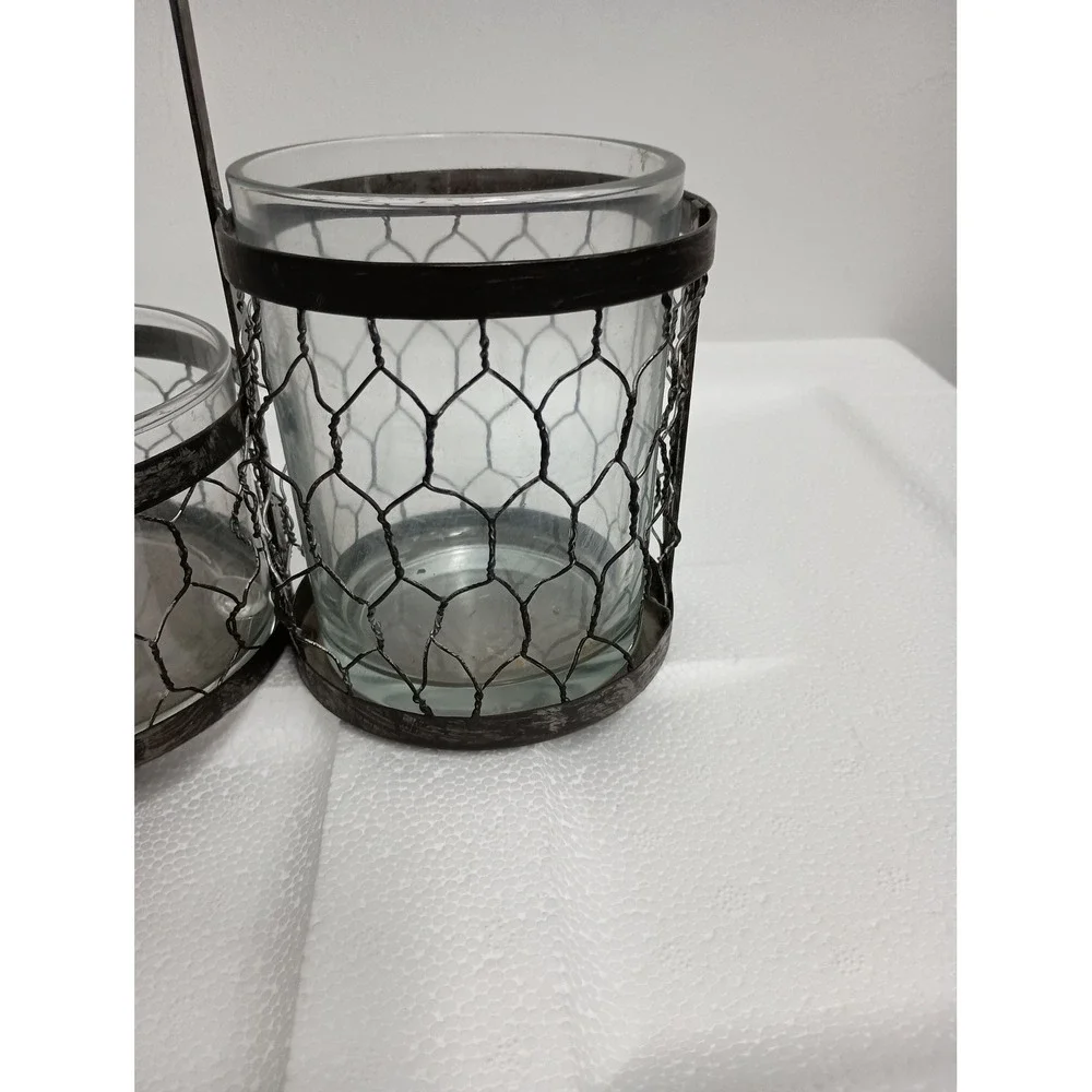 Vintage Rustic Metal Glass Caddy Server Organizer Handle Brown Farmhouse‎ Decor